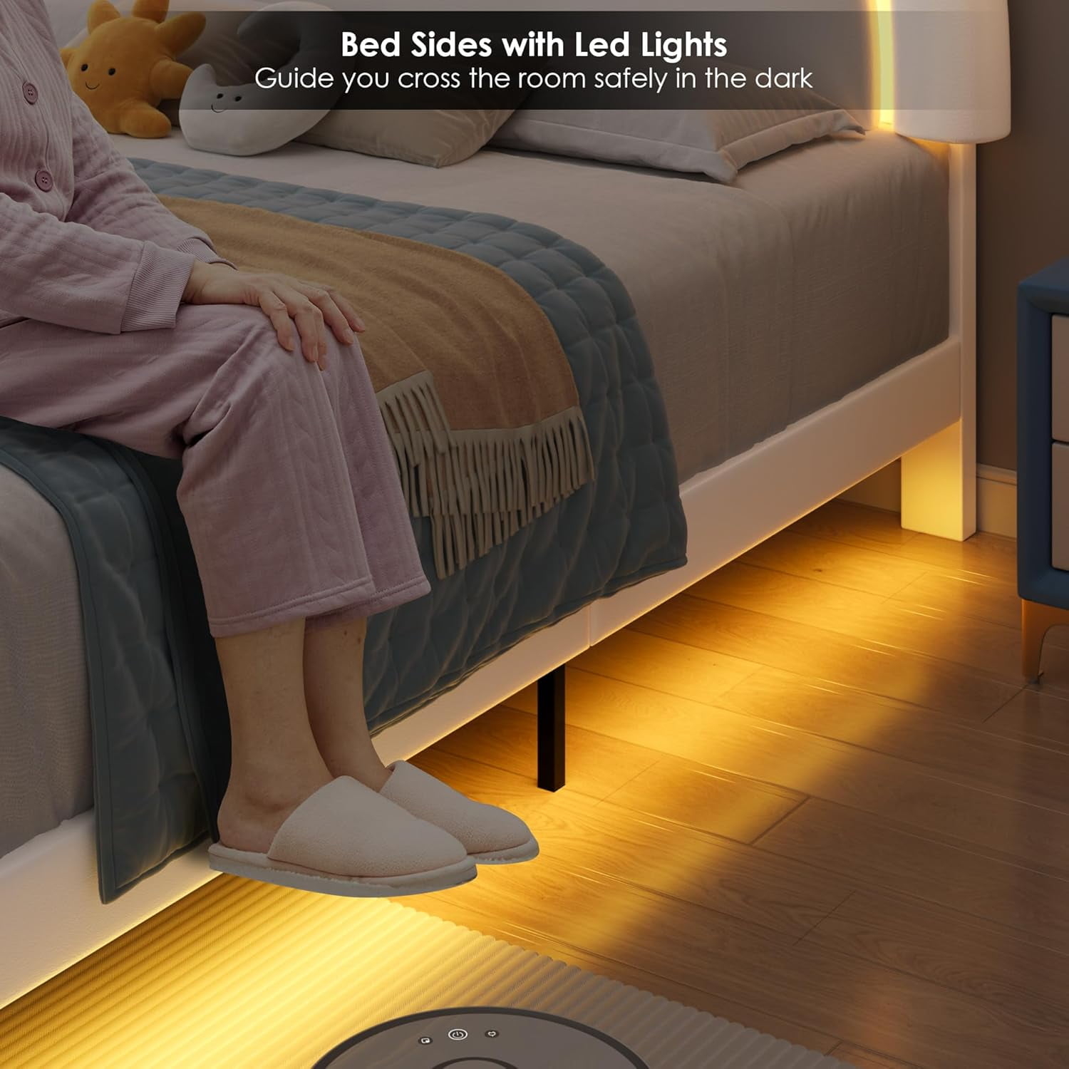 COMHOMA Queen Bed Frame with LED & 2 Storage Drawer, Modern Adjustable Headboard Faux Leather Upholstered Platform Bed, White - Image 5