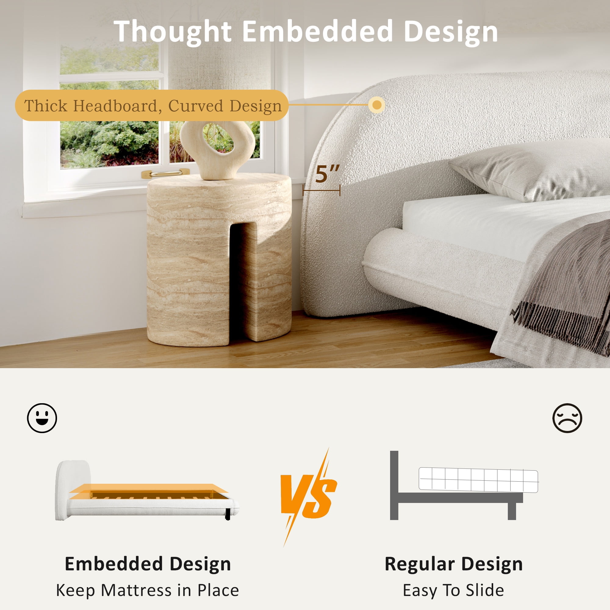 Christopher Knight Home Queen Upholstered Platform Bed with Thick Headboard, White - Image 5