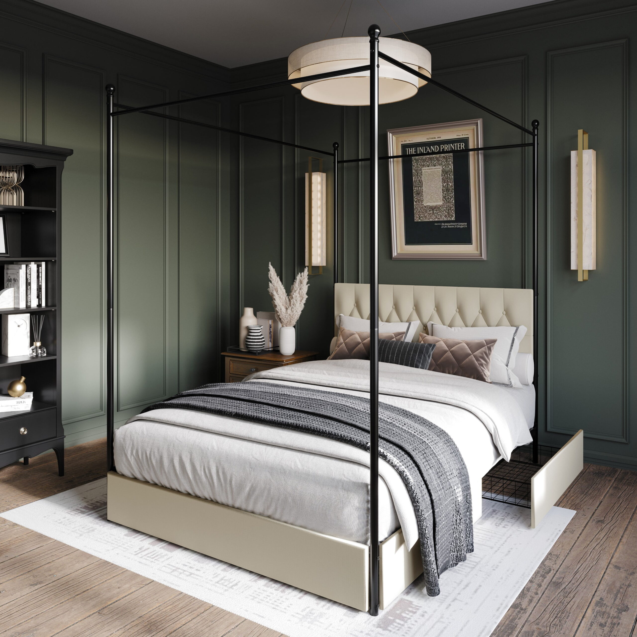 Home Design Harlan Queen Upholstered Metal Storage Canopy Bed Frame with Button-Tufted Headboard and Four Side Drawers, Beige, Easy Assembly - Image 2