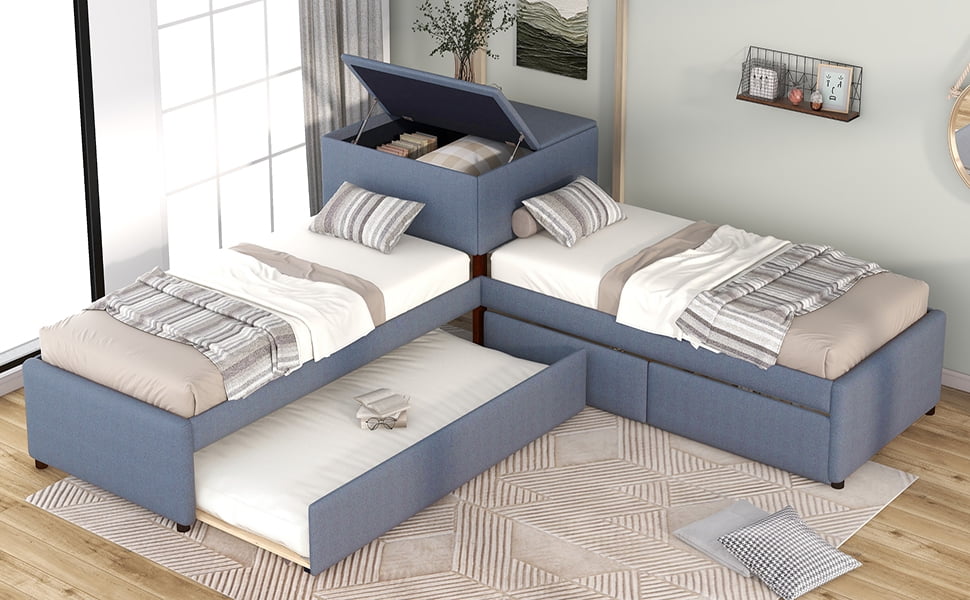EUROCO Upholstery L-Shaped Twin Platform Bed with Drawers and Trundle,Square Table for Bedroom - Image 4