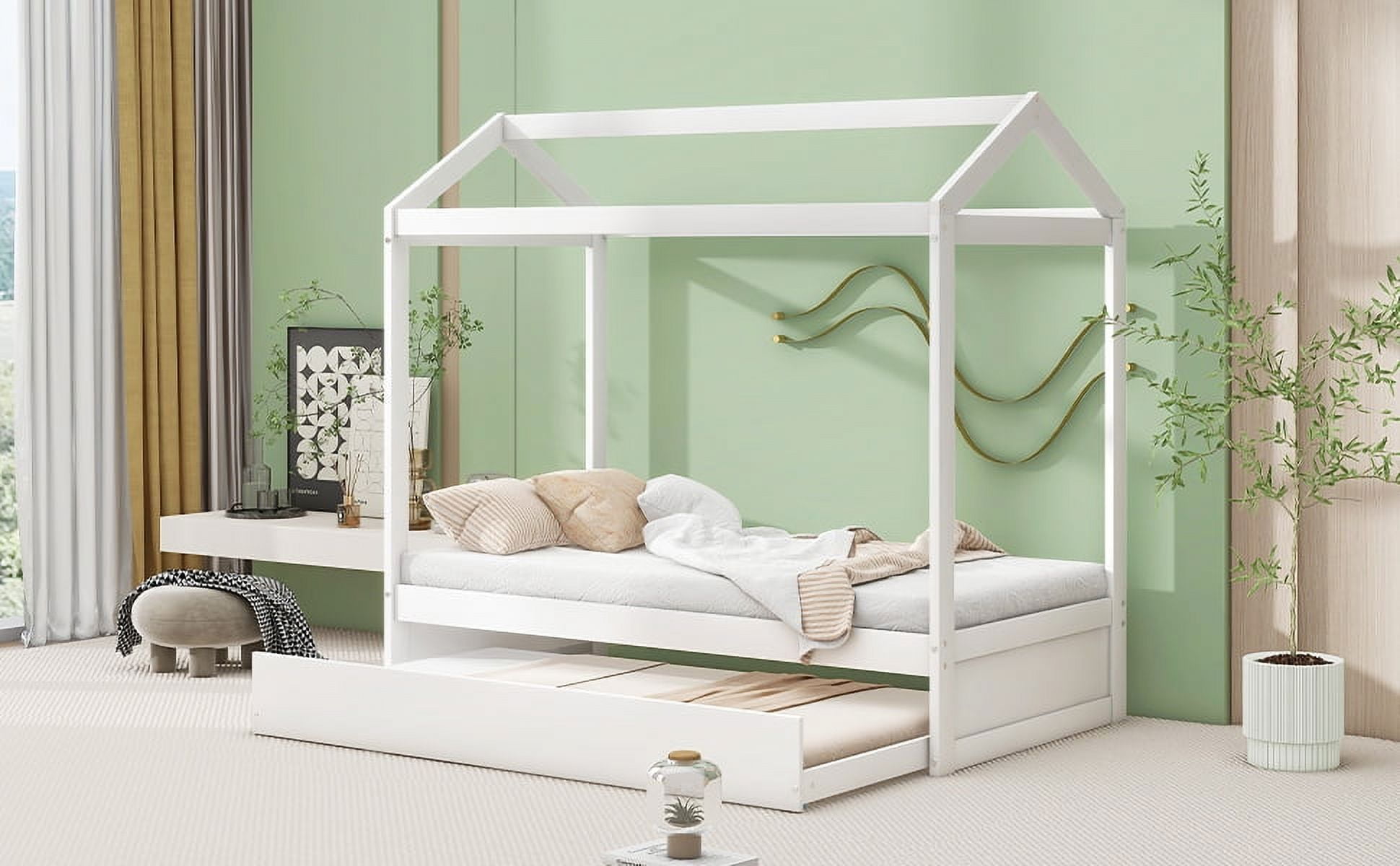 EUROCO Wood Twin Size Platform Bed, House Bed with Trundle, Solid Daybed for Kids Teens Toddler Bedroom - Image 5