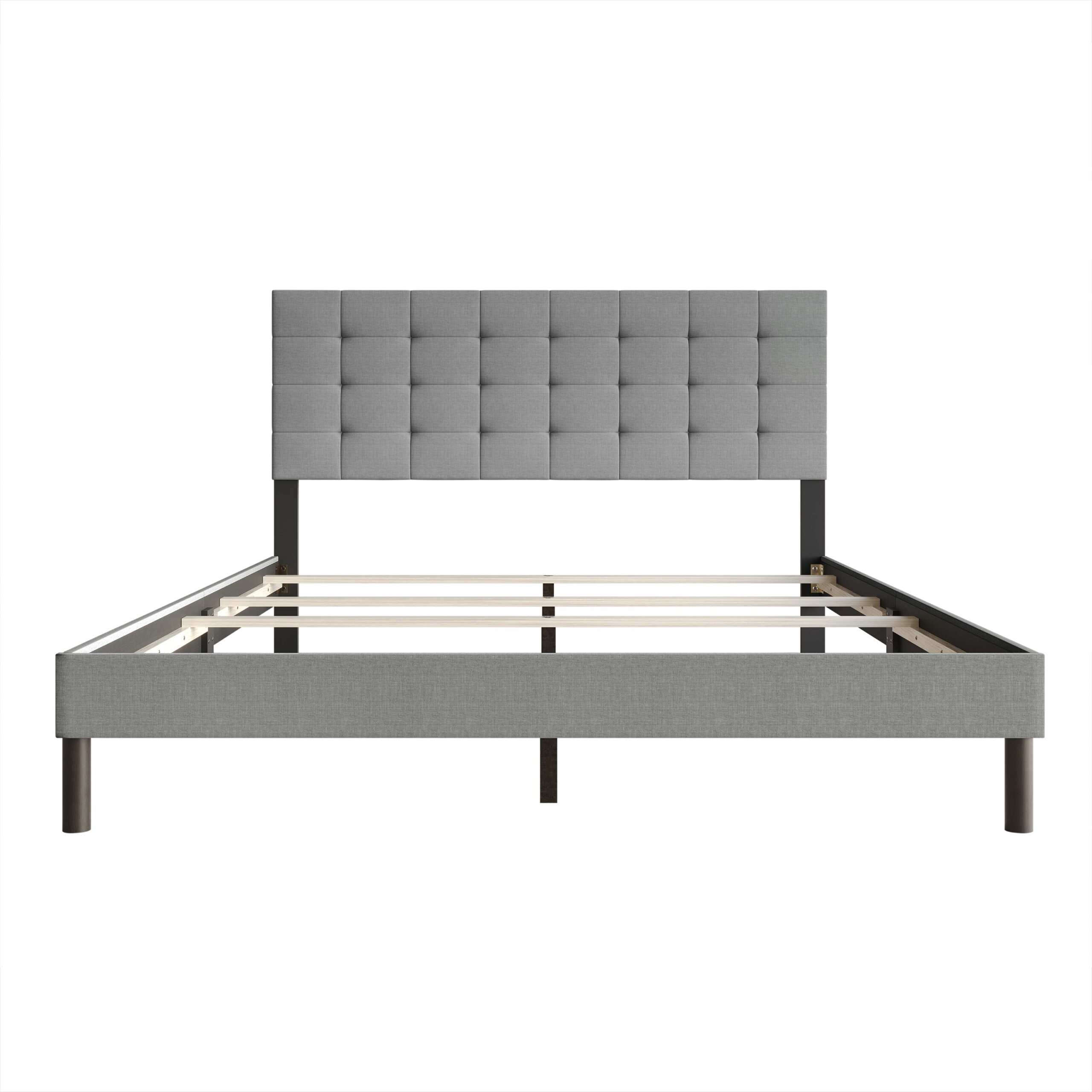 Home Design Haines Twin Linen Upholstered Panel Bed Frame with Rectangular Tufted Headboard & Sturdy Wooden Legs, Gray, Easy Assembly - Image 5