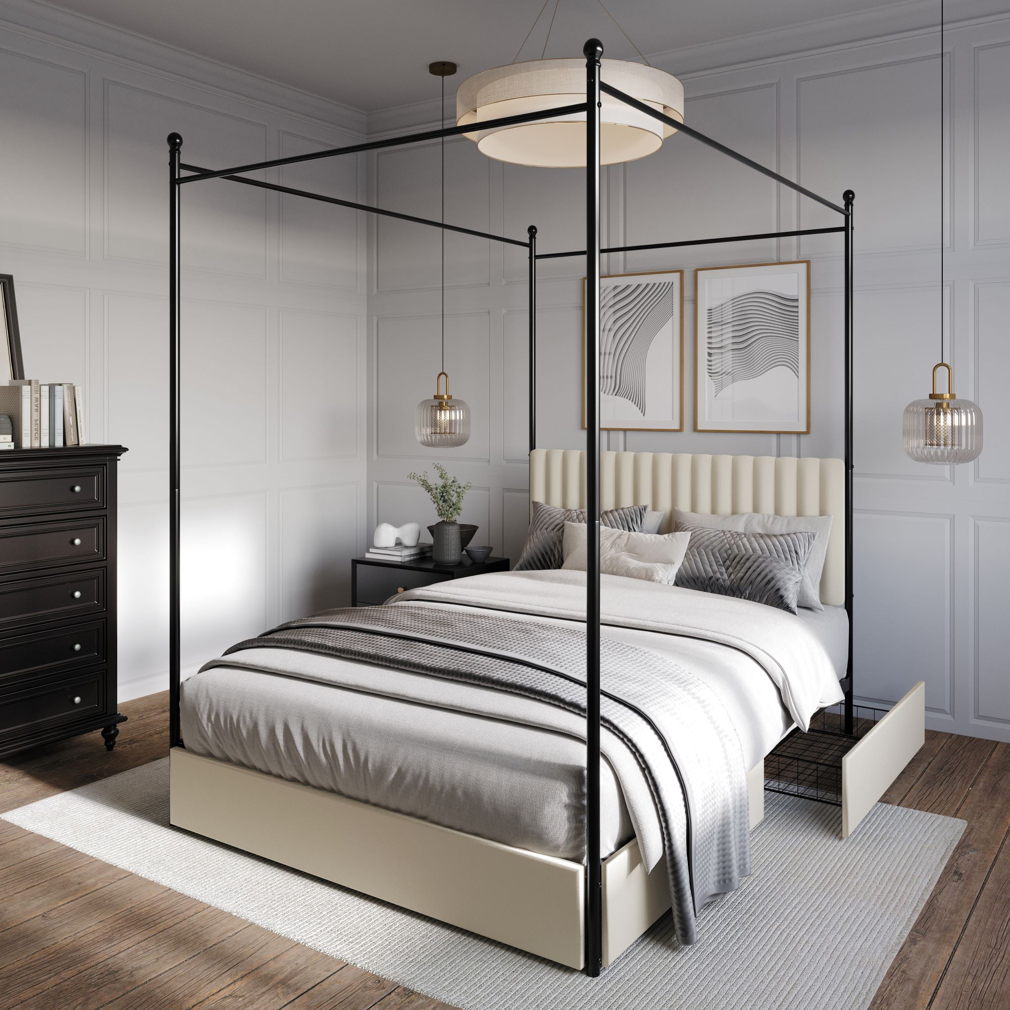 Home Design Passaic Queen Upholstered Metal Storage Canopy Bed Frame with Vertical-Channel Tufted Headboard and Four Under-Bed Drawers, Beige, Easy Assembly - Image 2