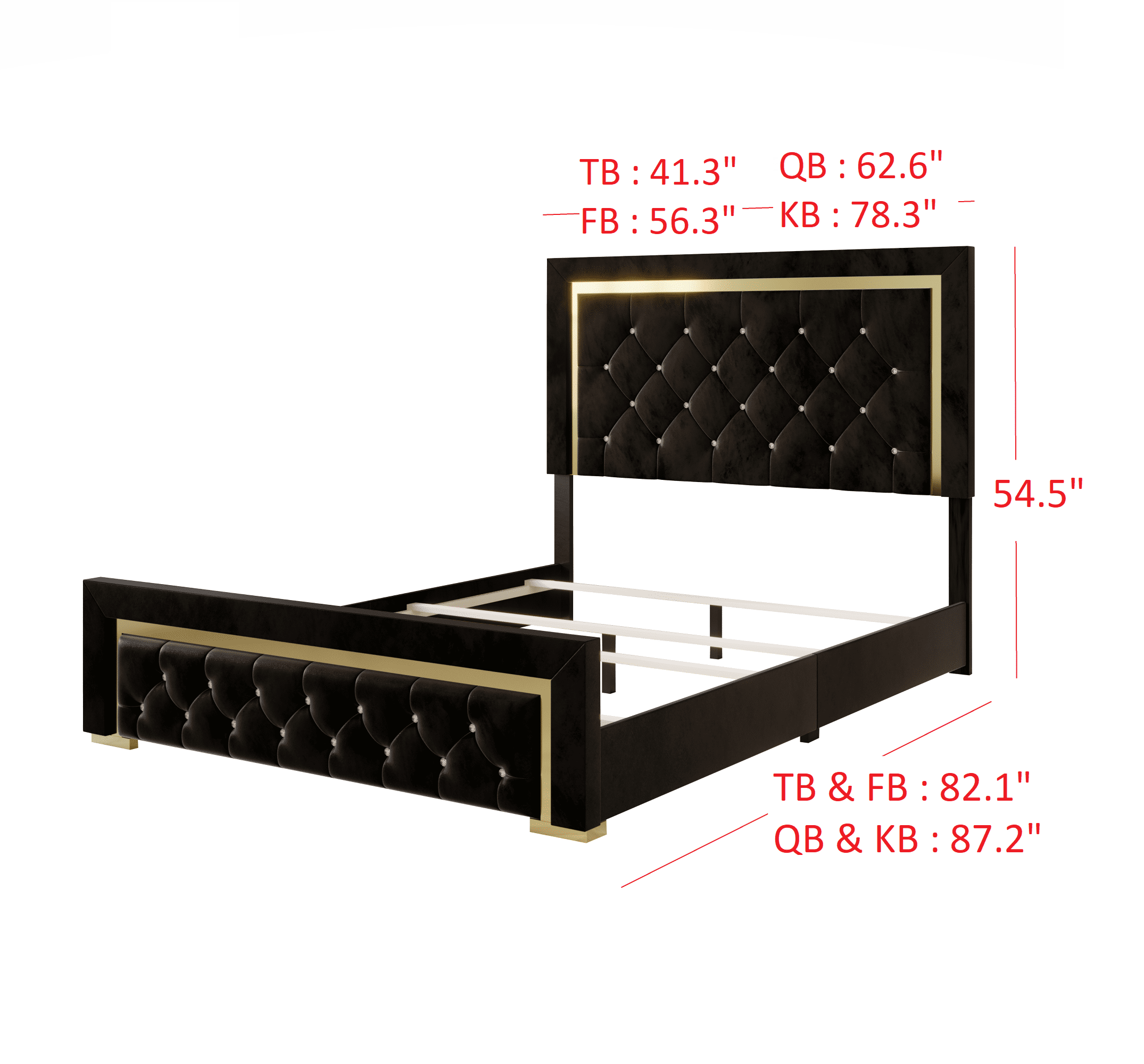 Home Design Deena Queen Upholstered Panel Bed Frame with Diamond Tufting and Gold Legs, Black, Easy Assembly - Image 6