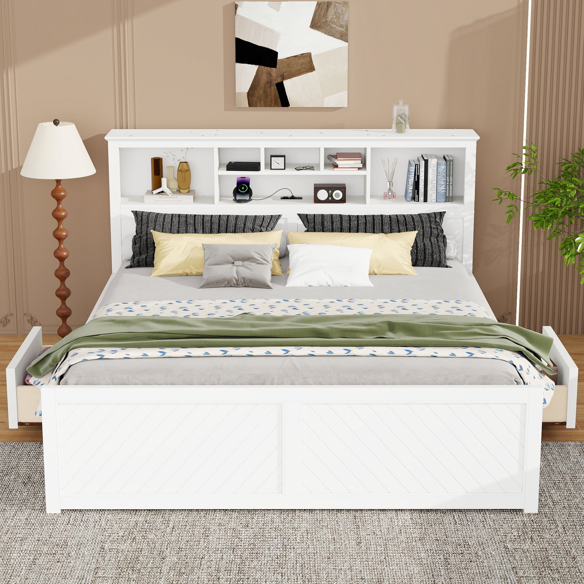 Euroco Wood King Size Platform Bed with Storage Headboard, Drawers and USB Charging Station, White - Image 2