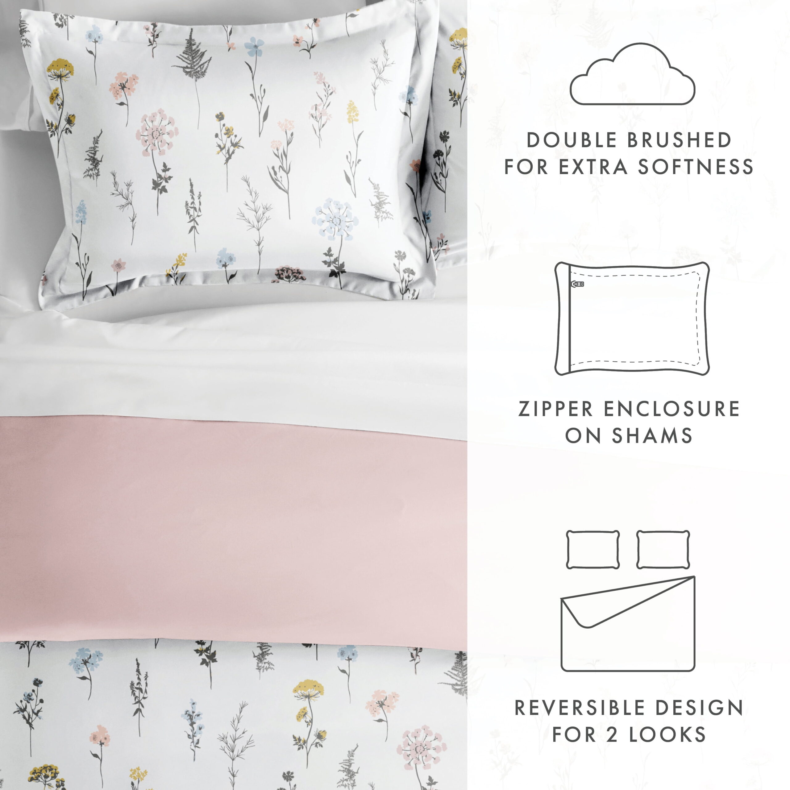 Noble Linens Pink Reversible Wild Flower Print 3-Piece Duvet Cover Set, King/CalKing - Image 2