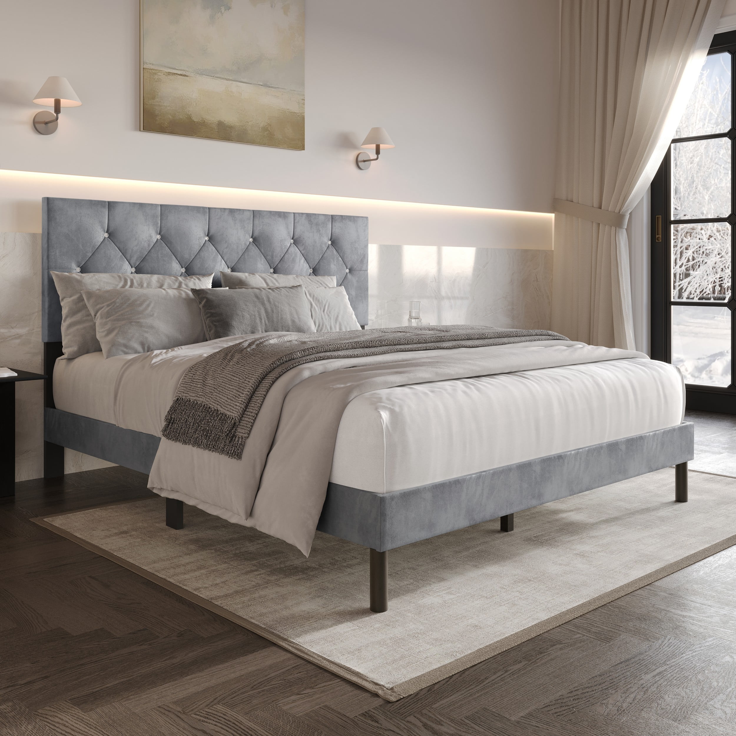Home Design Groton Twin Tufted Velvet Upholstered Panel Bed Frame with Button-Tufted Headboard & Wingback Design, Silver Gray, Easy Assembly - Image 2