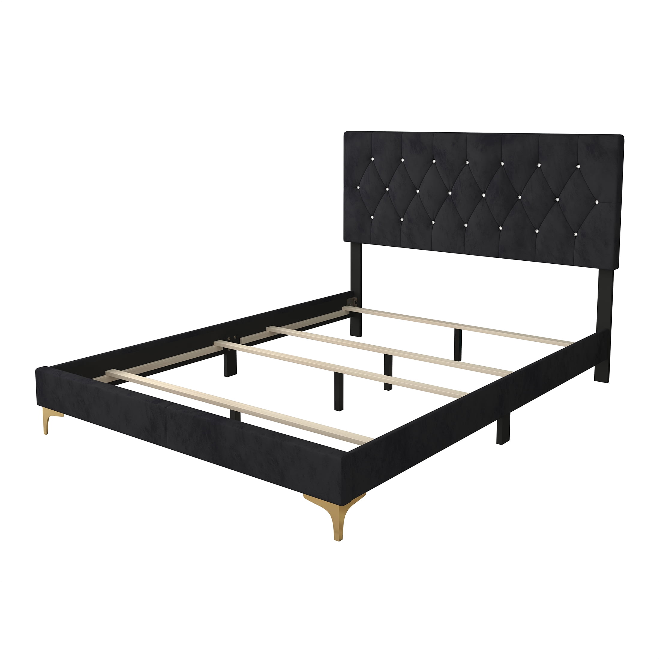 Castle Place Luxurious Crystal Velvet Upholstered Queen Bed With 2 Nightstands, Black - Image 3
