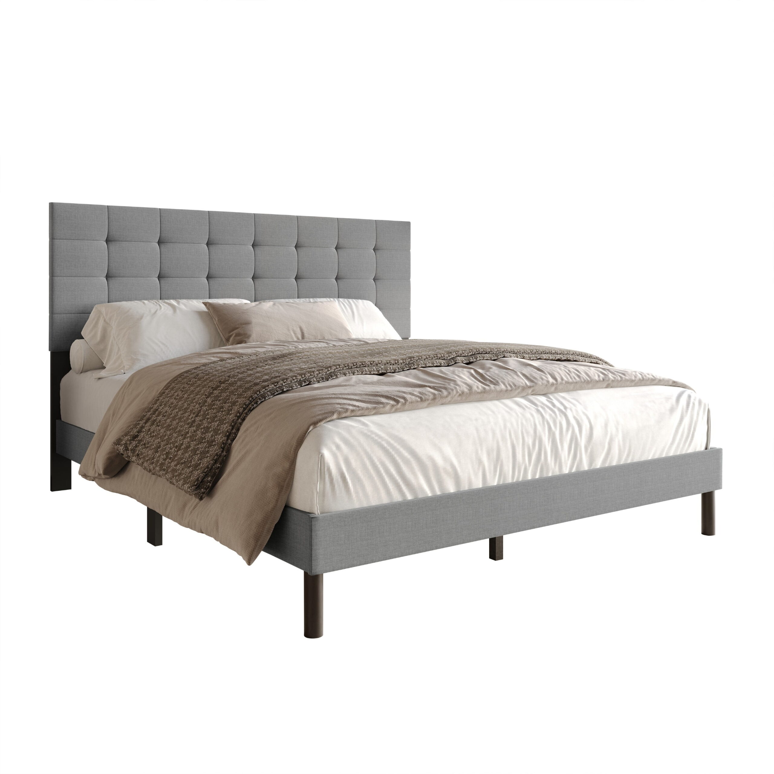 Home Design Haines Twin Linen Upholstered Panel Bed Frame with Rectangular Tufted Headboard & Sturdy Wooden Legs, Gray, Easy Assembly - Image 3