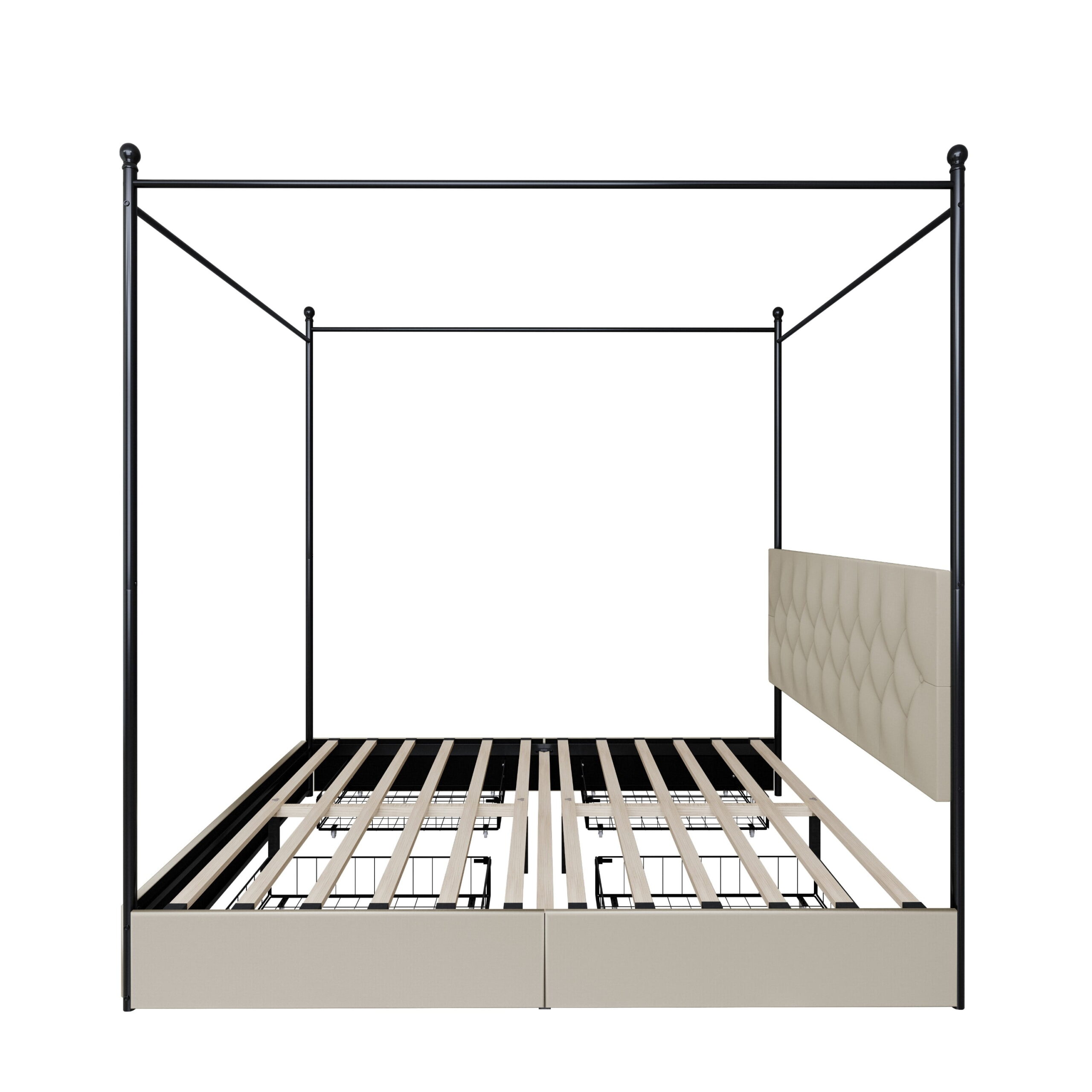 Home Design Harlan Queen Upholstered Metal Storage Canopy Bed Frame with Button-Tufted Headboard and Four Side Drawers, Beige, Easy Assembly - Image 7