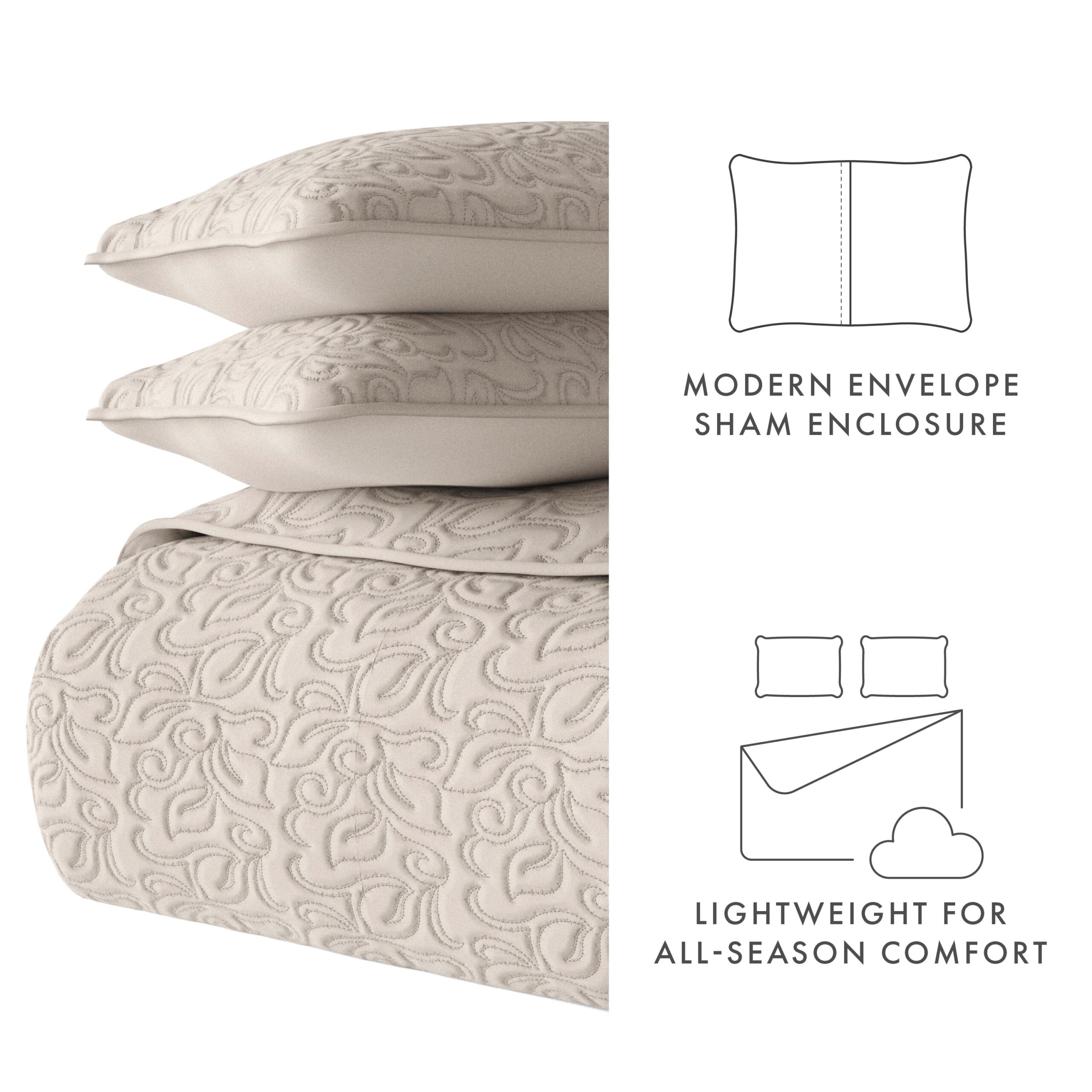 Noble Linens 3 Piece Latte Floral Stitch Quilt Set, King / CalKing - Image 3