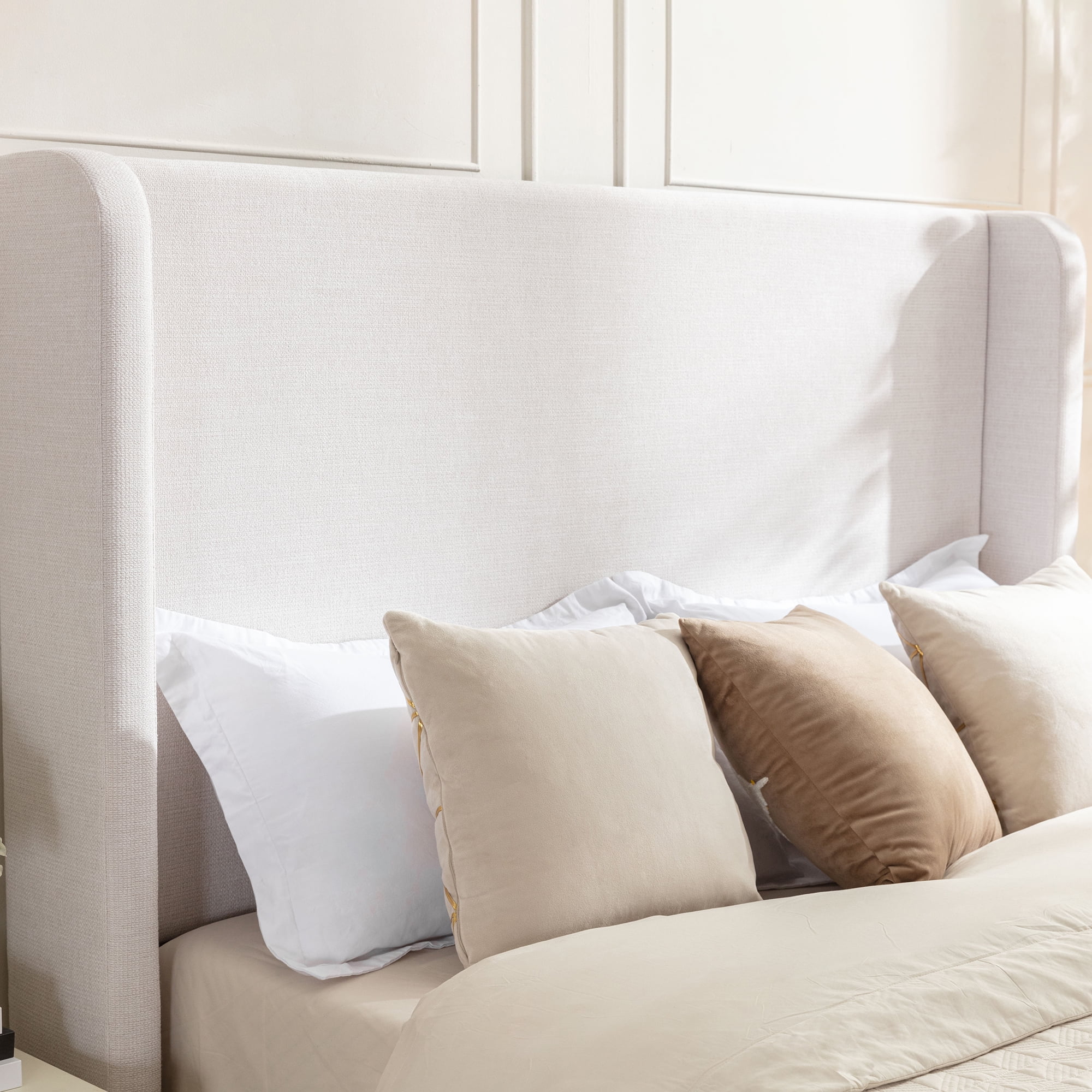 Miniyam King Size Upholstered Wingback Bed with 54" Headboard for Adult, Ivory - Image 6
