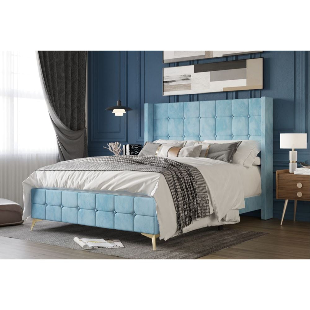 Home Design Gisella Full Upholstered Panel Bed Frame with Headboard Wingback for Adult, Blue, Easy Assembly - Image 2