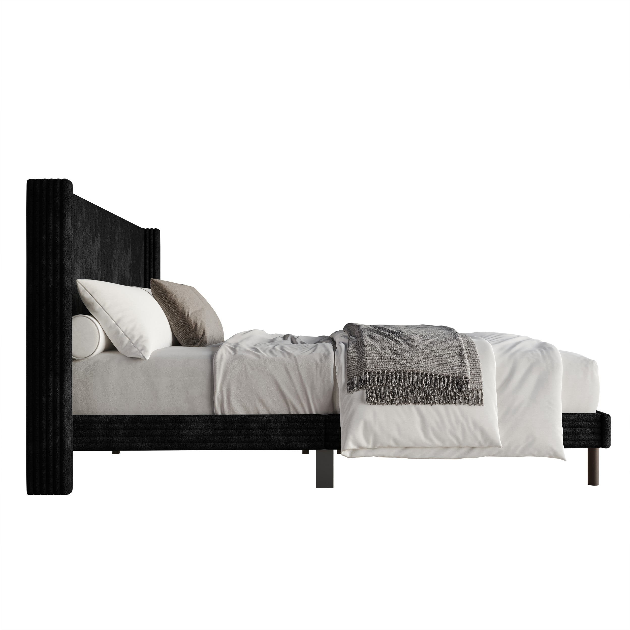 Home Design Duluth Queen Corduroy Velvet Upholstered Platform Bed Frame with Wingback Headboard & Button-Tufted Detail, Black, Easy Assembly - Image 5