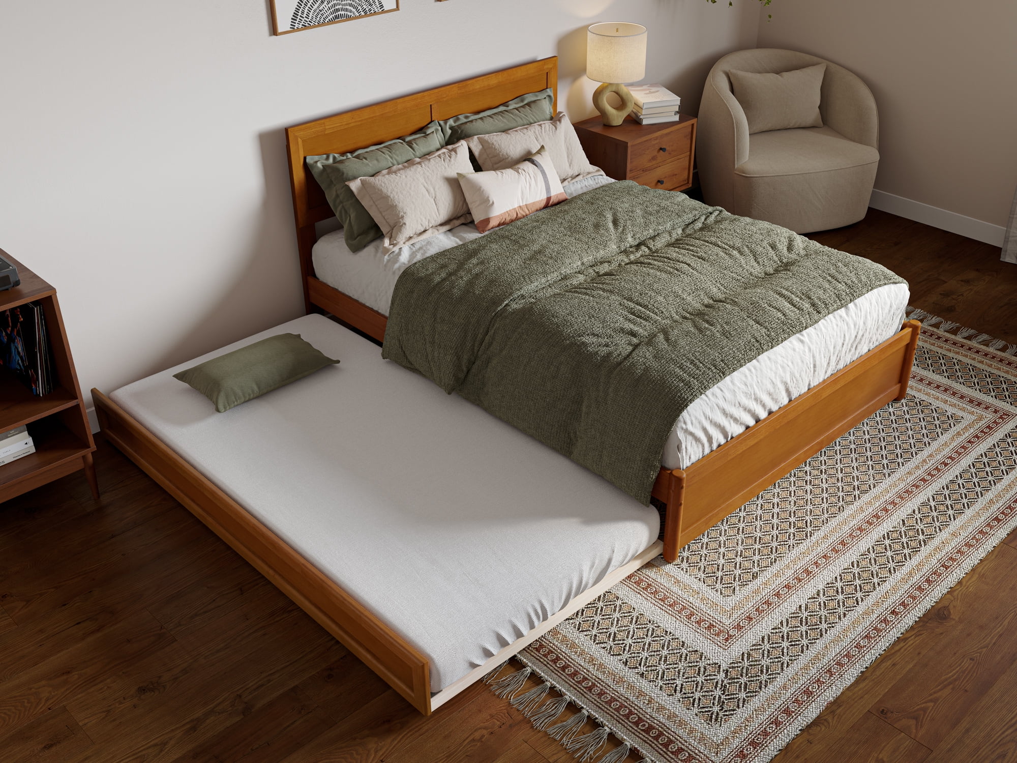 AFI Lylah Full Wood Platform Bed with Panel Footboard and Twin Trundle, Light Toffee - Image 4