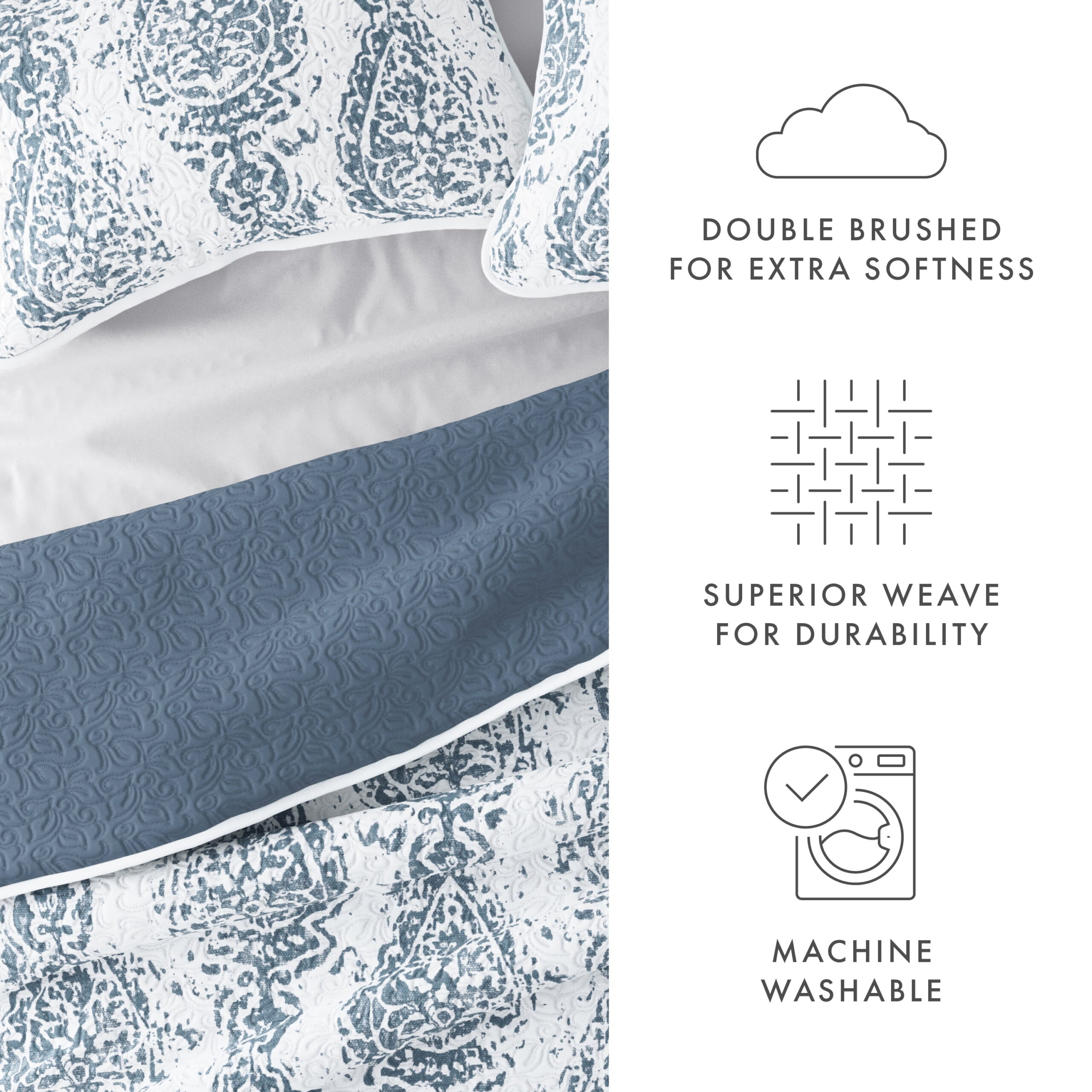 Noble Linens Dusk Blue 3 Piece Distressed Damask Reversible Print Quilt Set, King / CalKing - Image 4