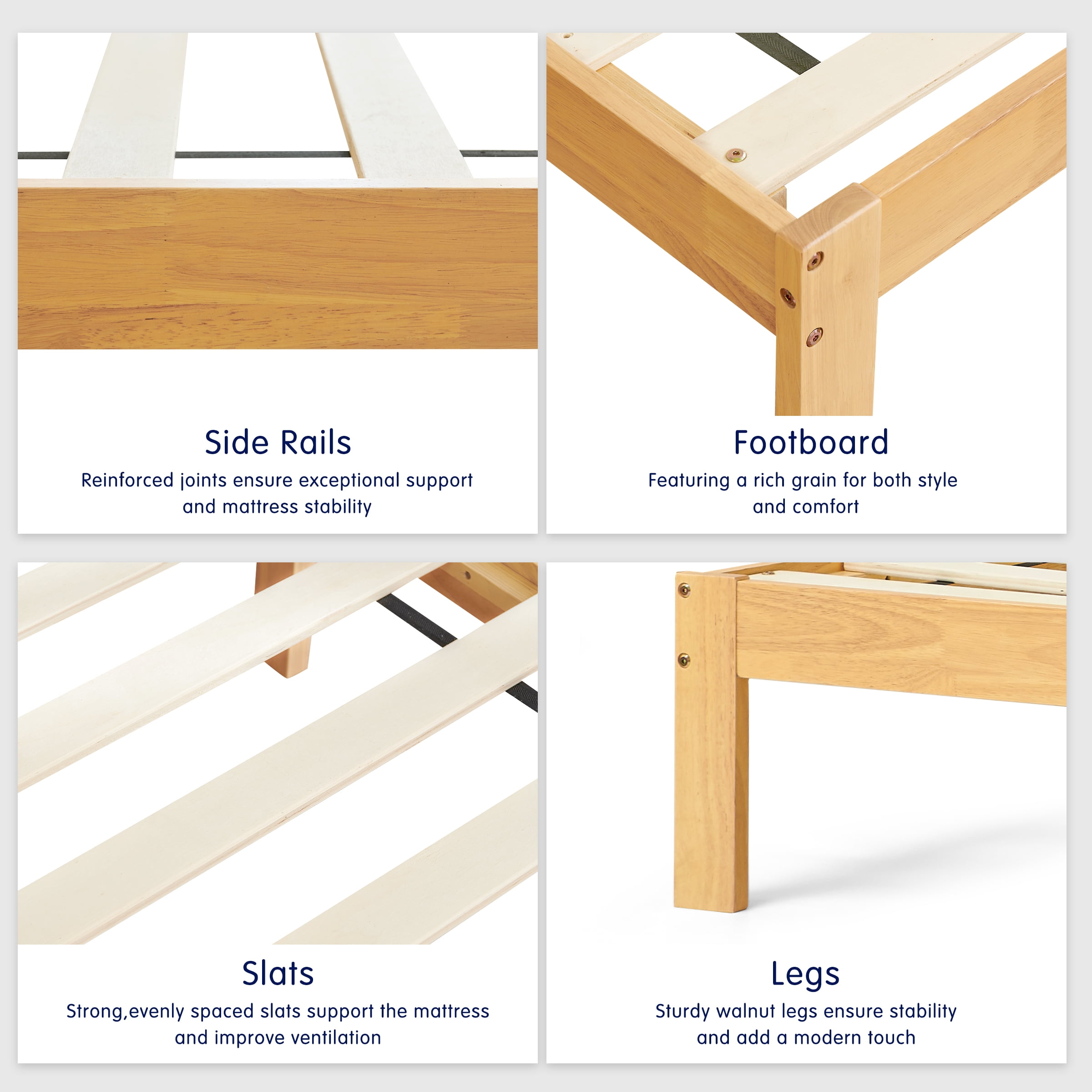 Queen Wood Bed Frame with Headboard, Solid Wood Platform, Quiet & Stable, No Box Spring, Natural - Image 5