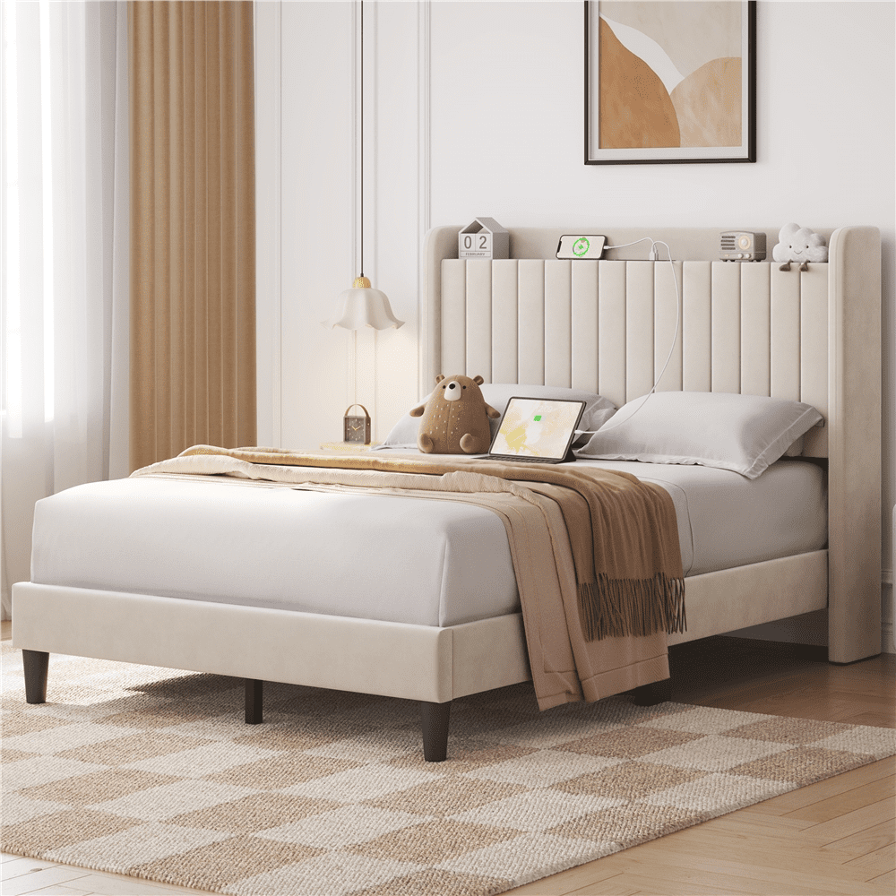 Renwick Velvet Bed Frame with Charging Outlets and USB Ports and Storage Headboard, Adult, Full, Beige - Image 2