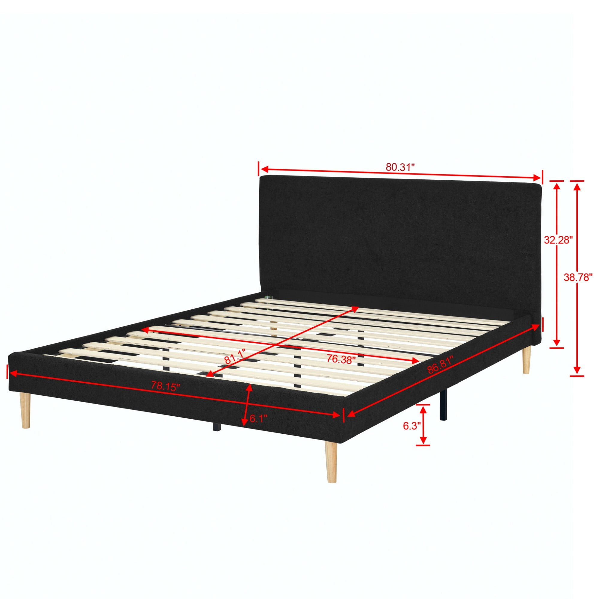 AENKYO King Size Upholstered Platform Bed Frame with Soft Teddy Velvet Headboard, No Box Spring Needed, Black - Image 2