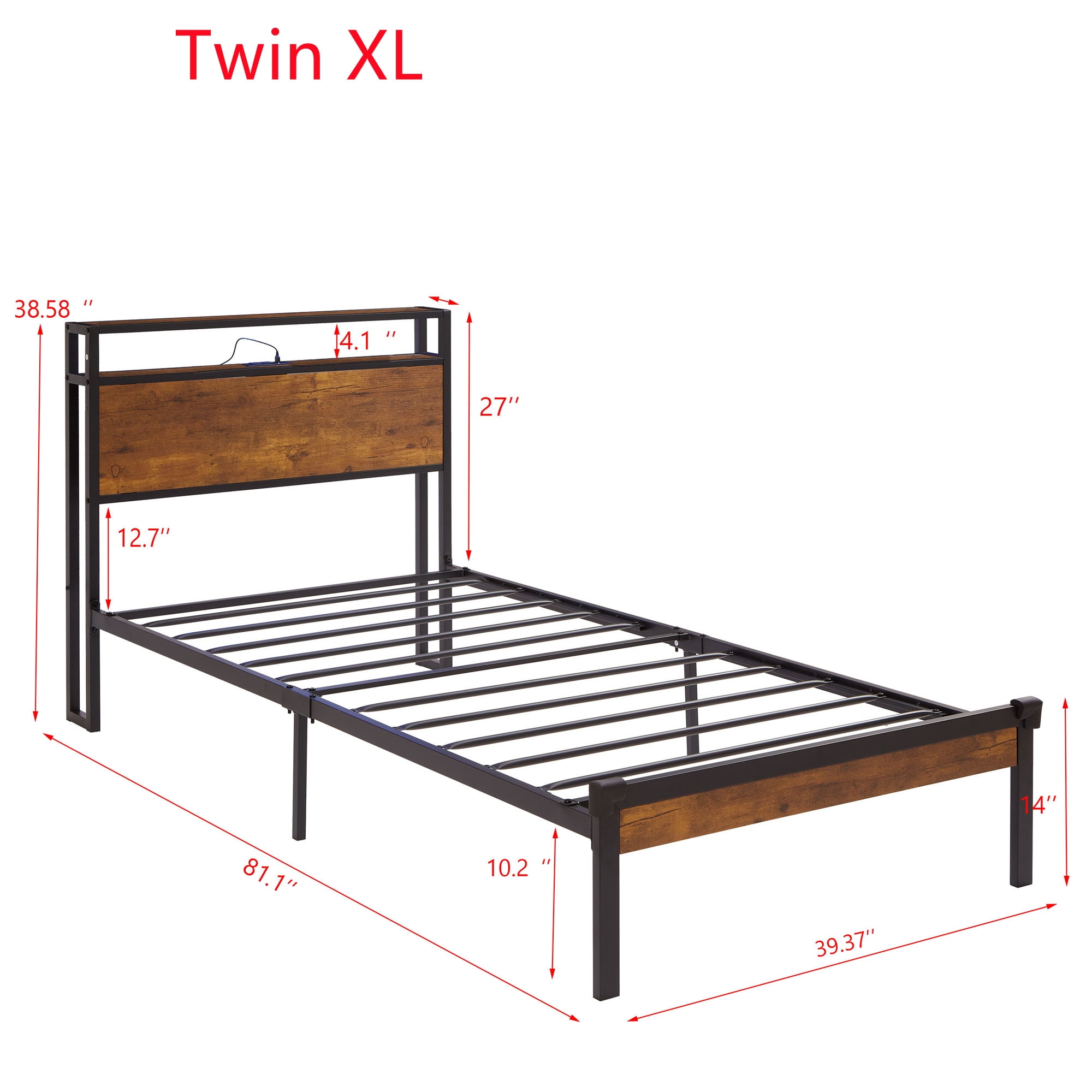 Aukfa Metal Twin XL Size Bed Frame with USB Charge Port, Wood Storage Headboard Shelf, Black - Image 5