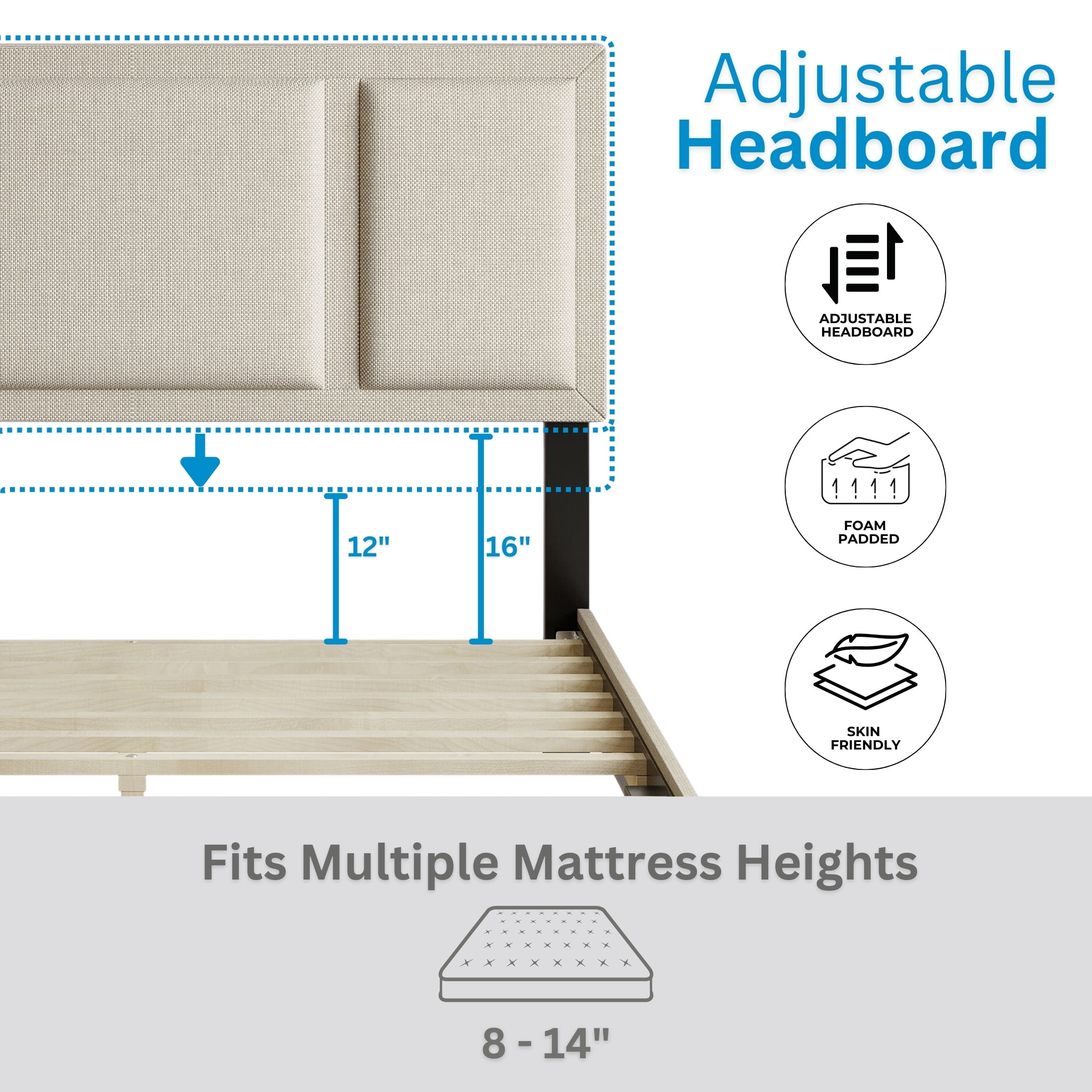 Boyd Sleep Triptych Off White Linen Queen Size Upholstered Platform Bed Frame with Adjustable Headboard - Image 6