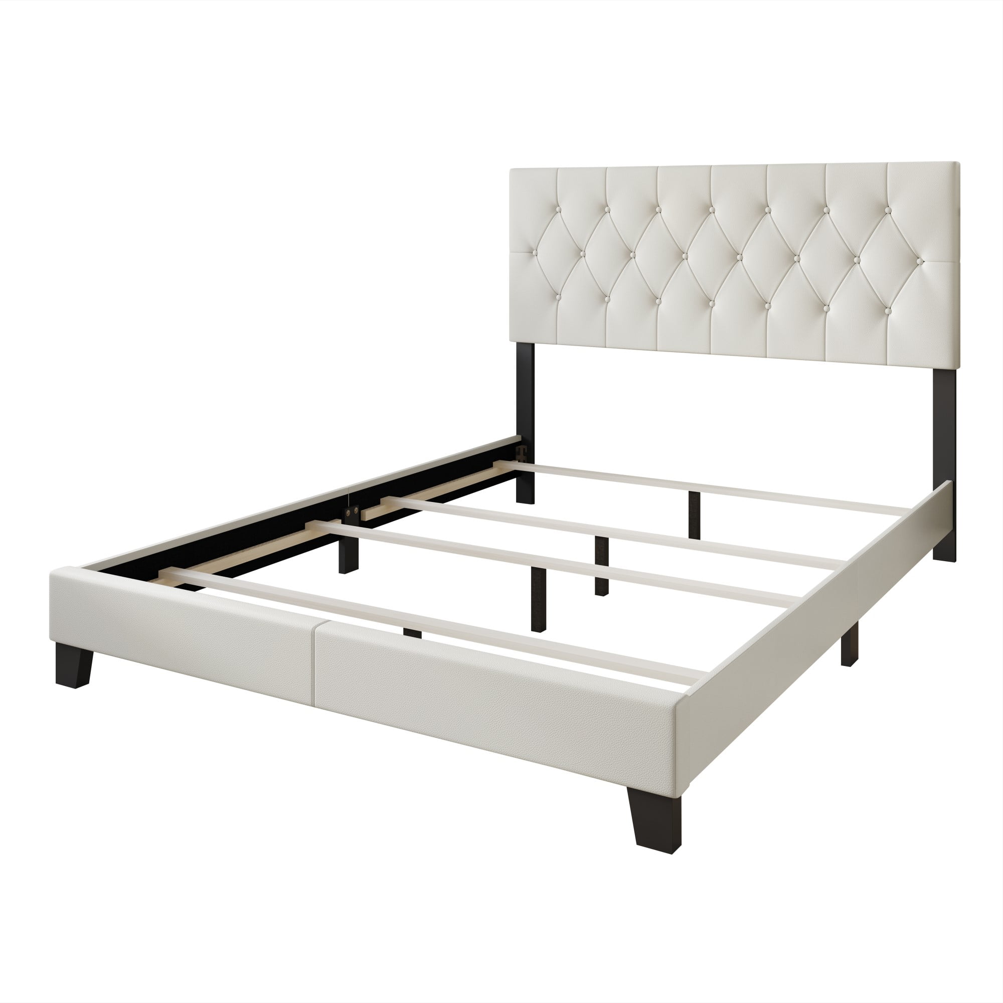 Home Design Boone Queen Tufted Upholstered Panel Bed with Faux Leather and Padded Headboard, White, Easy Assembly - Image 5