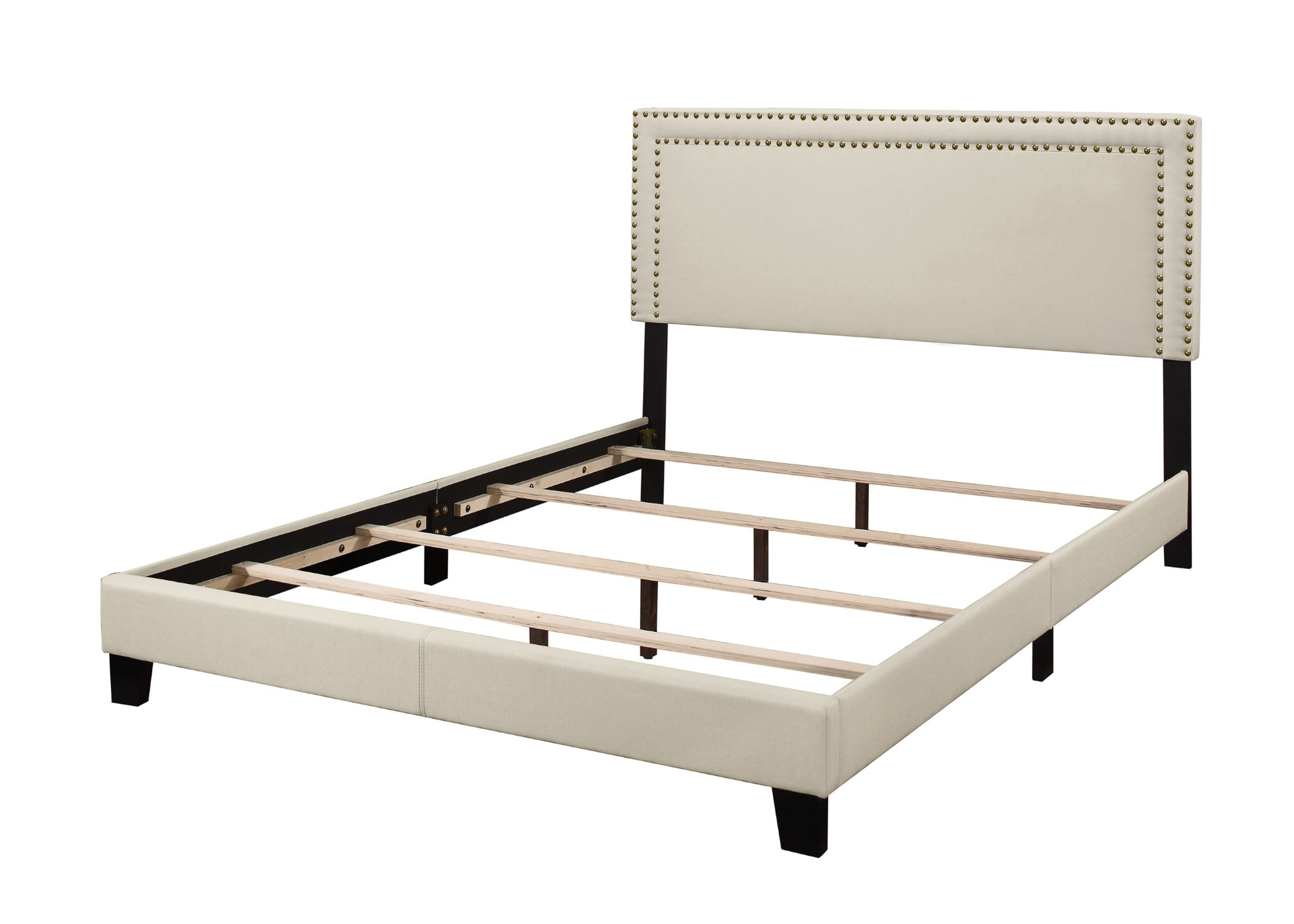 Home Design Adam Queen Upholstered Panel Bed Frame with Nailhead Trim and Padded Headboard, Beige, Easy assembly - Image 4