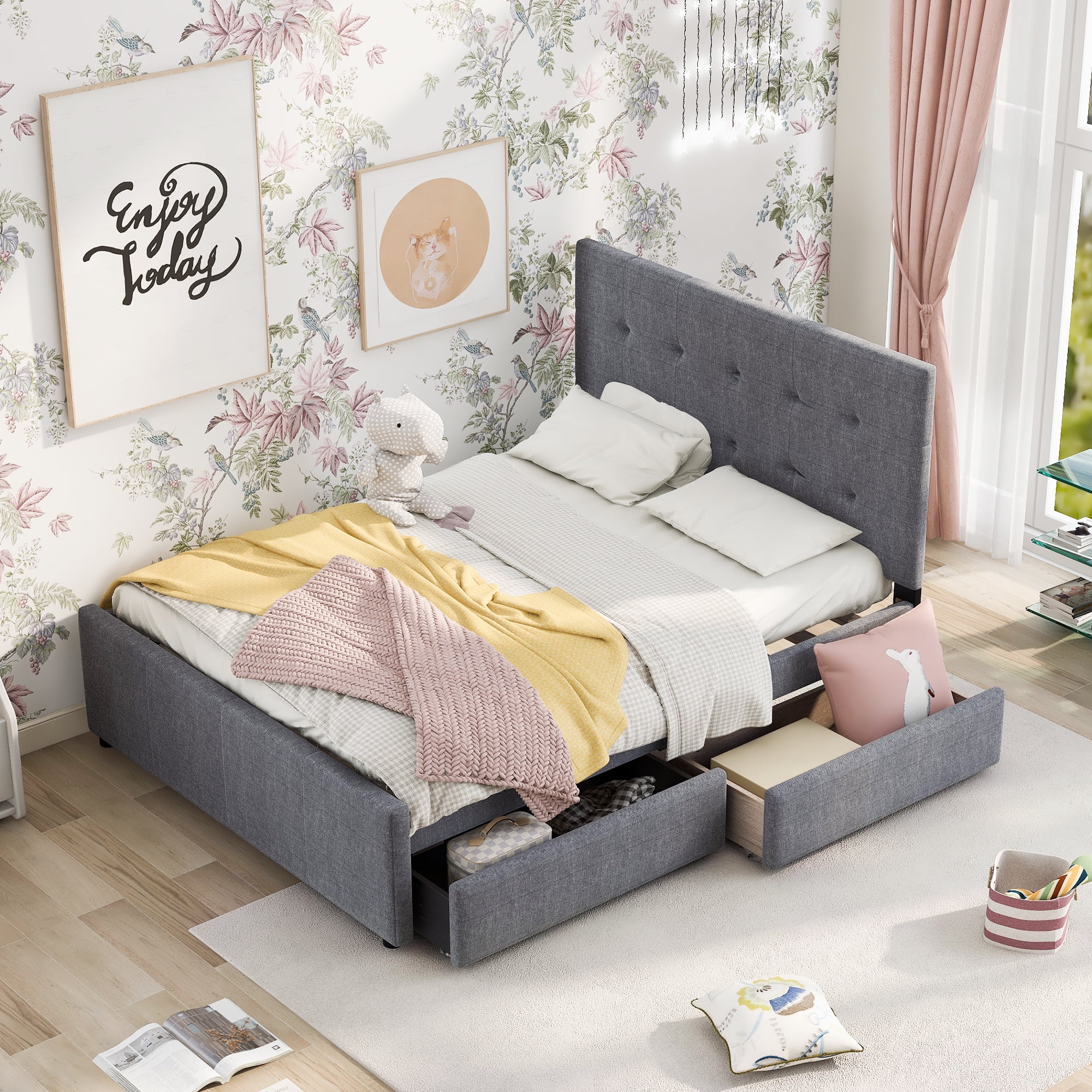 EUROCO Queen Size Linen Upholstered Platform Bed with Two Drawers, for Adults, Gray - Image 2