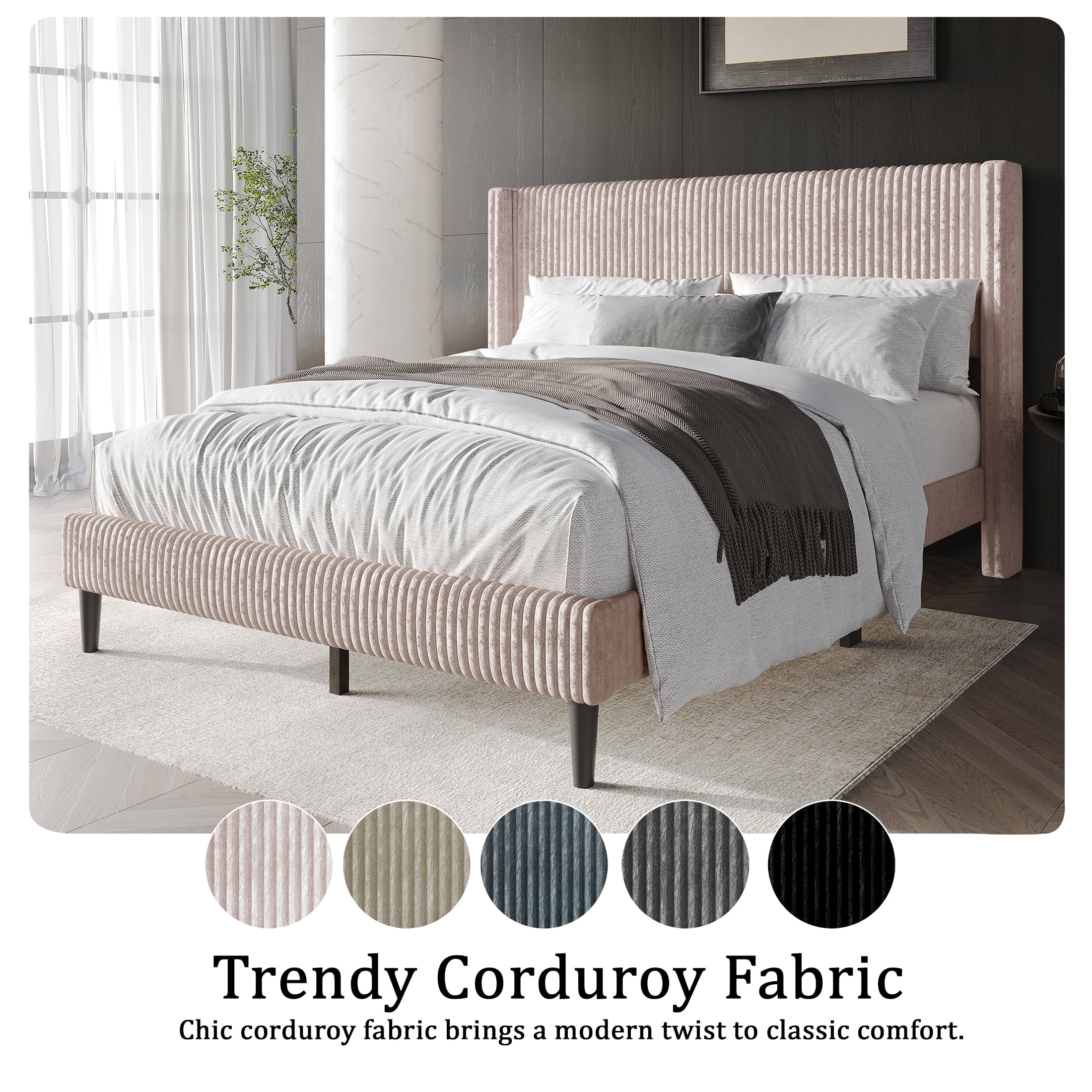 Castle Place Modern Wingback Corduroy Velvet Upholstered Queen Platform Bed, Light Blue - Image 7