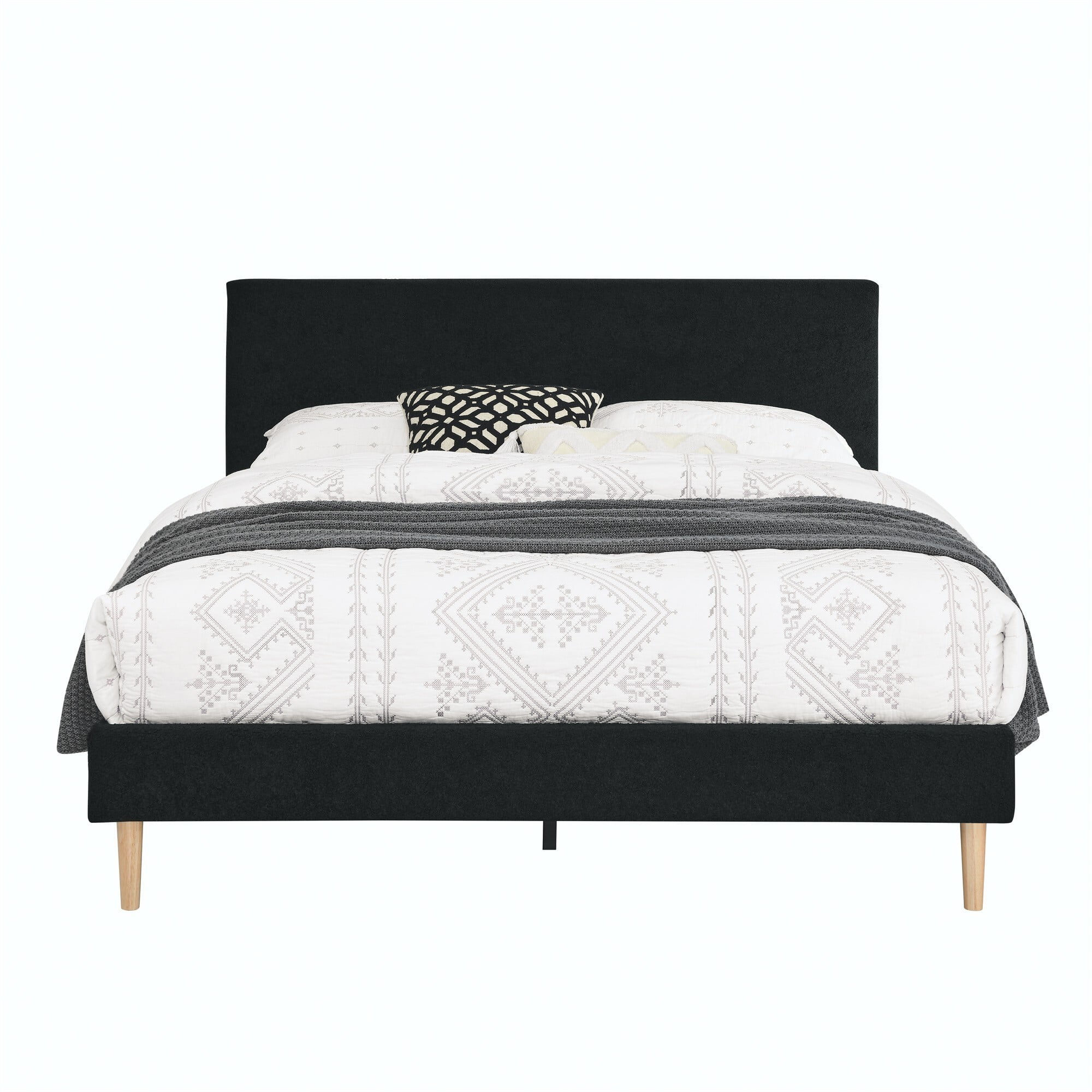AENKYO King Size Upholstered Platform Bed Frame with Soft Teddy Velvet Headboard, No Box Spring Needed, Black - Image 4