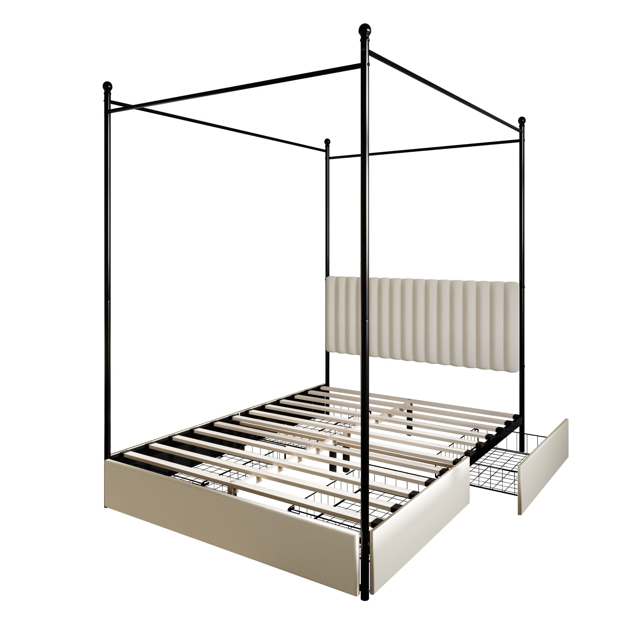 Home Design Passaic Queen Upholstered Metal Storage Canopy Bed Frame with Vertical-Channel Tufted Headboard and Four Under-Bed Drawers, Beige, Easy Assembly - Image 7