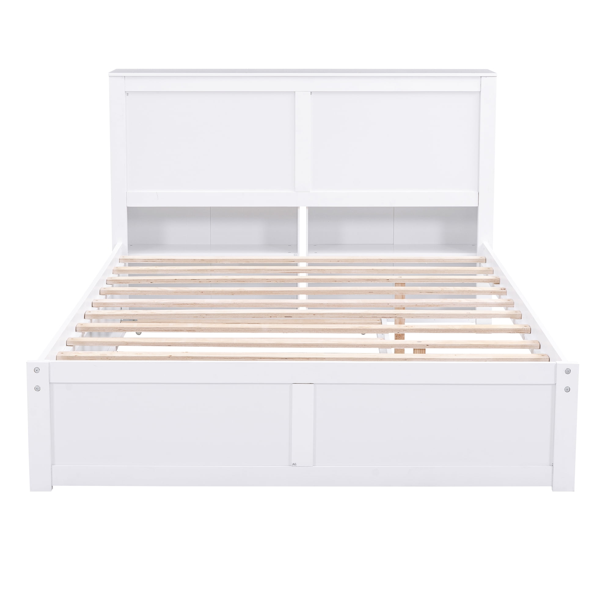 Euroco Full Size Wood Platform Bed with Trundle, Flexible 4-Tier Shelf in Headboard for Kids, White - Image 7