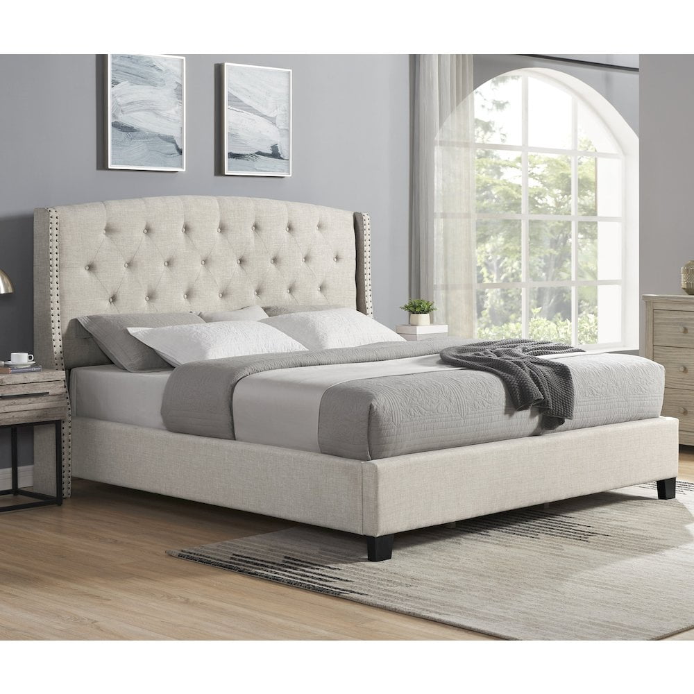 Nantarre Fabric Tufted Wingback Upholstered Bed with Nailhead Trim,Tan - Image 7