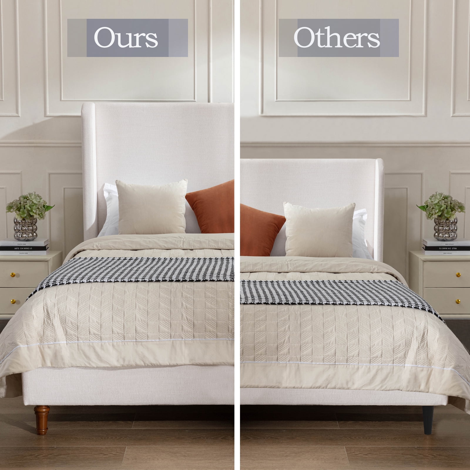 Miniyam King Size Upholstered Wingback Bed with 54" Headboard for Adult, Ivory - Image 3