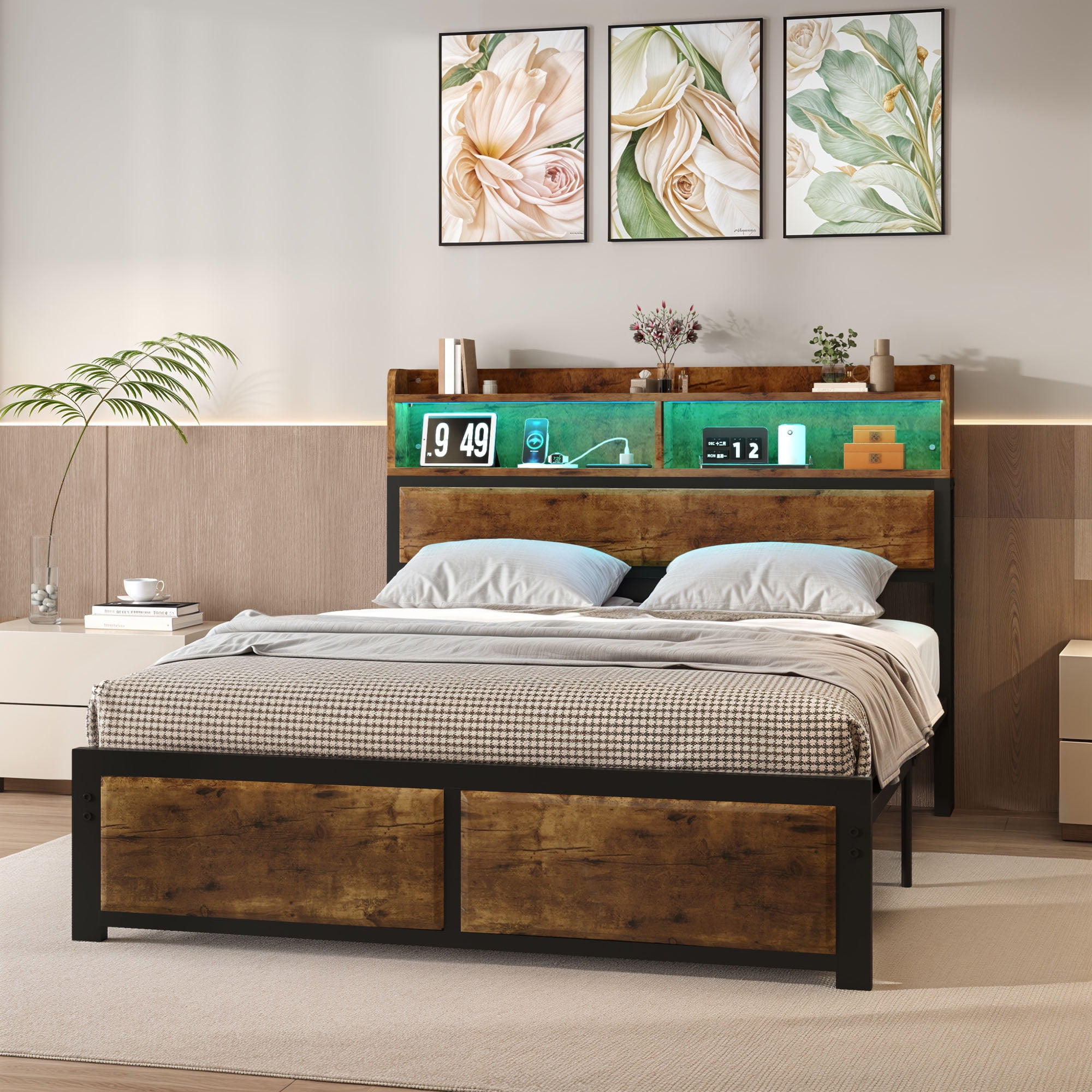 Uforic Full Size Bed Frame, LED Bed Frame with Storage Headboard, Platform Bed with Outlet & USB Ports, Easy Assembly, Rustic Brown - Image 2