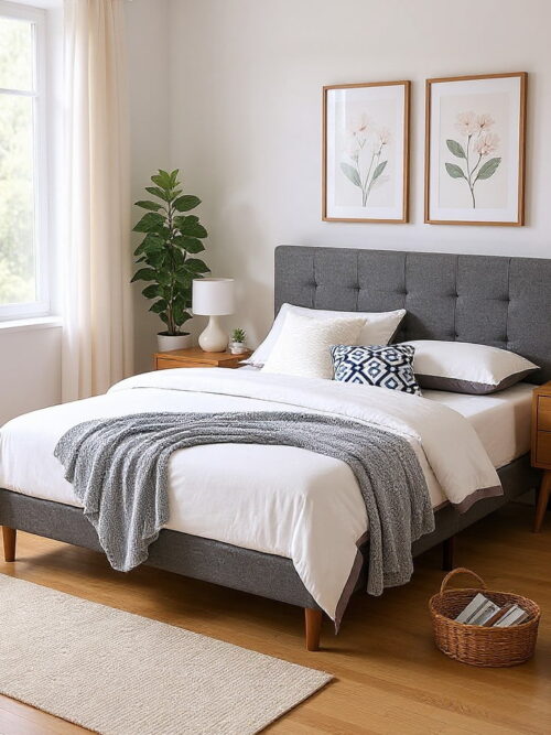 AENKYO Full Size Upholstered Platform Bed Frame, Tufted Low Profile Design with Adjustable Headboard, Gray