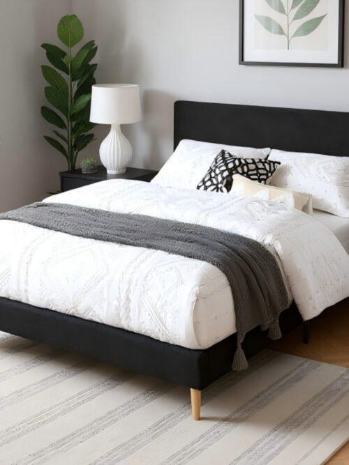 AENKYO King Size Upholstered Platform Bed Frame with Soft Teddy Velvet Headboard, No Box Spring Needed, Black