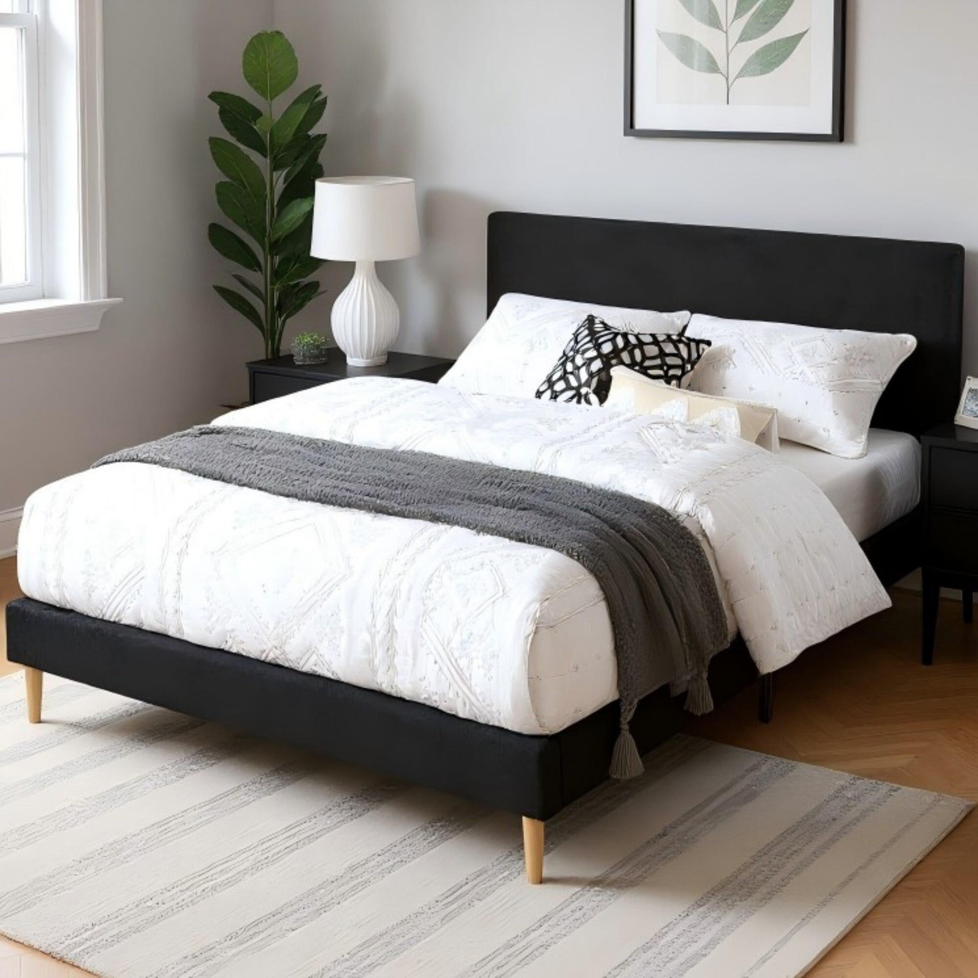 AENKYO King Size Upholstered Platform Bed Frame with Soft Teddy Velvet Headboard, No Box Spring Needed, Black