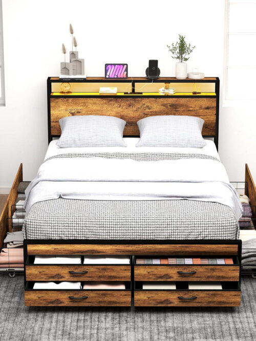 AENKYO Queen Size Bed Frame with 8 Storage Drawers, Headboard with Charging Station and LED Lights, Rustic Brown