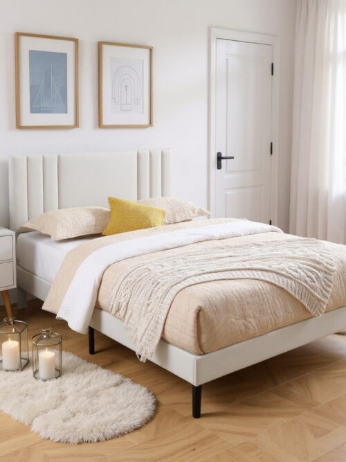 AENKYO Queen Size Upholstered Platform Bed Frame with Adjustable Faux Leather Headboard, No Box Spring Needed, Beige