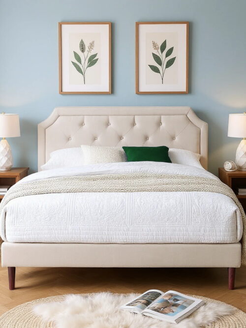 AENKYO Queen Upholstered Platform Bed Frame, Button Tufted Faux Linen Headboard, Wood Slat Support, Beige