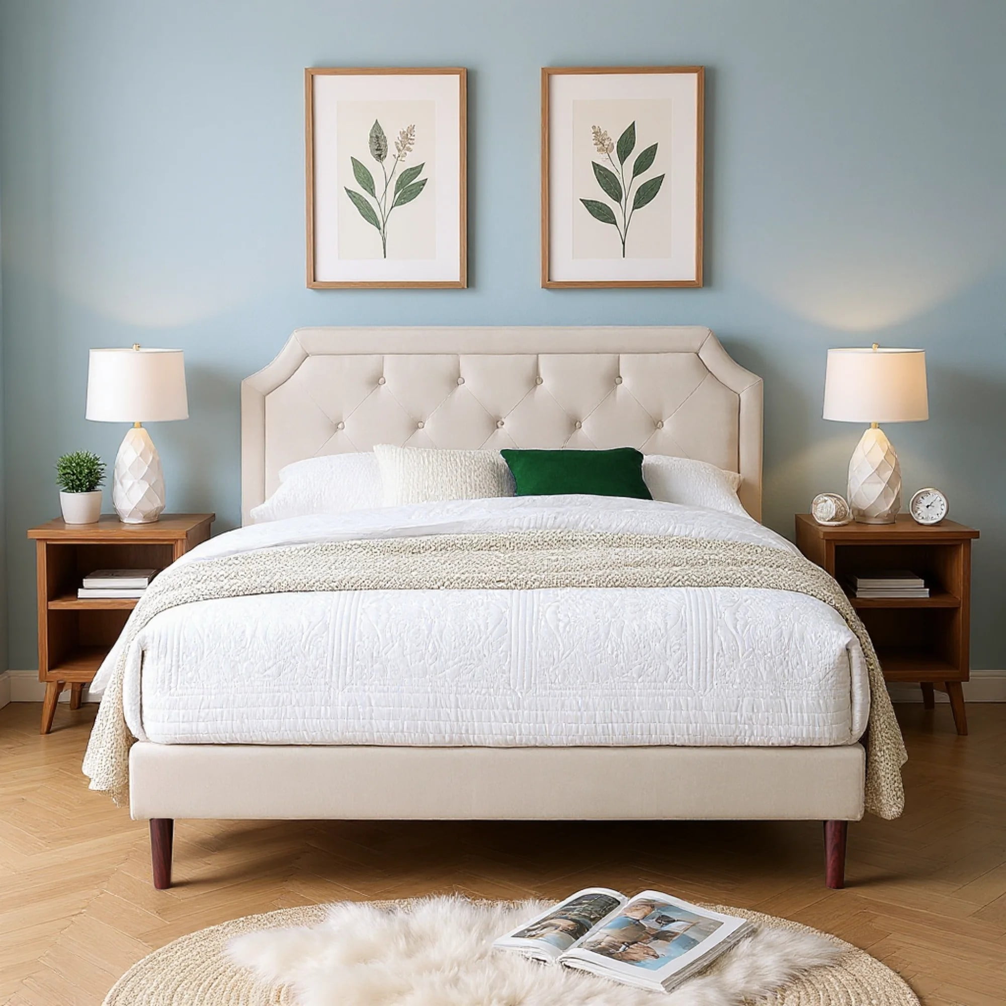 AENKYO Queen Upholstered Platform Bed Frame, Button Tufted Faux Linen Headboard, Wood Slat Support, Beige