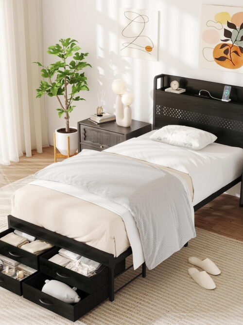 AENKYO Twin Size Bed Frame with 4 Storage Drawers, LED Lights, Charging Station Headboard, Black