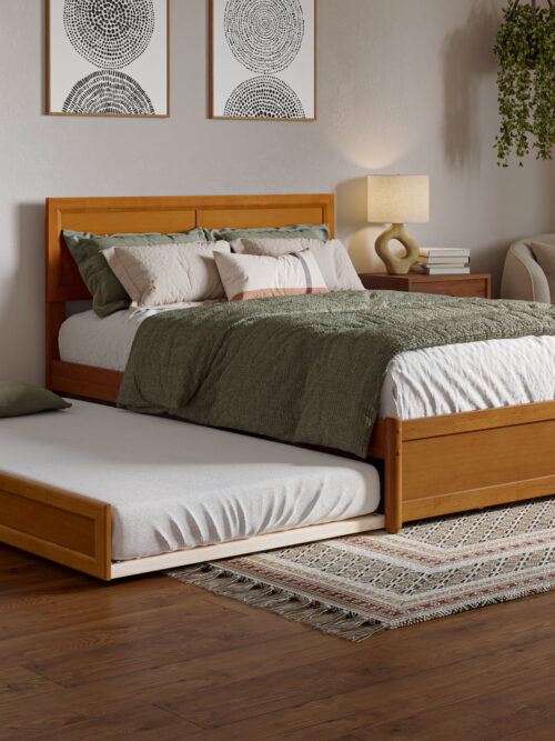 AFI Lylah Full Wood Platform Bed with Panel Footboard and Twin Trundle, Light Toffee