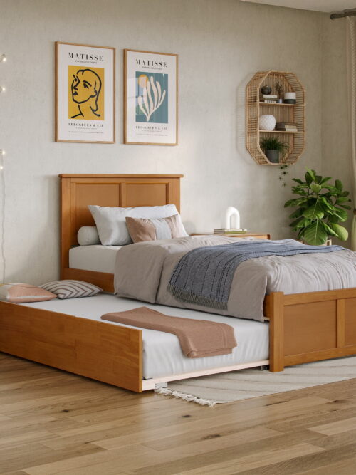 AFI Madison Twin-XL Wood Platform Bed with Footboard and Twin-XL Trundle, Light Toffee