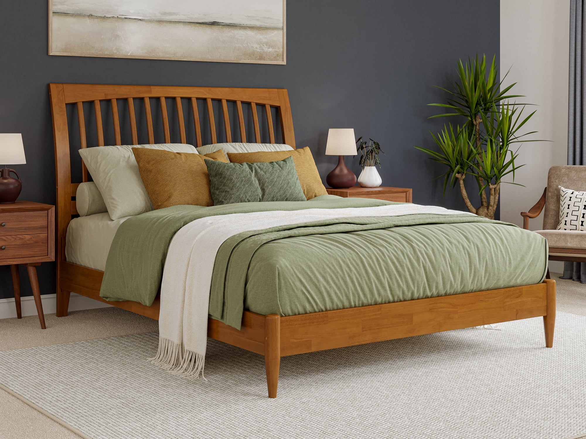 AFI Orleans Queen Solid Wood Low Profile Sleigh Platform Bed, Light Toffee