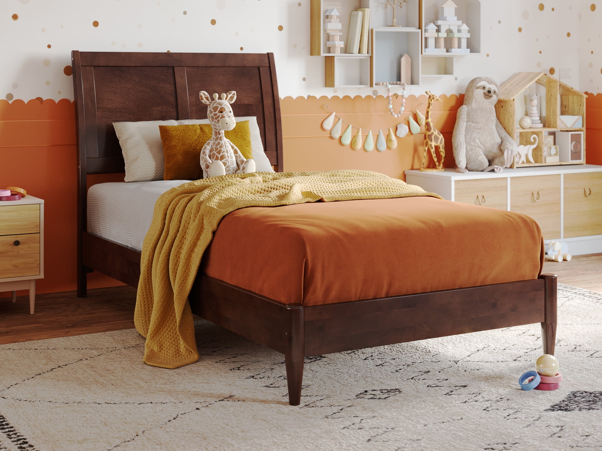 AFI Valencia Twin Solid Wood Low Profile Sleigh Platform Bed, Walnut