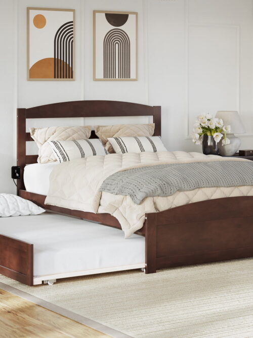 AFI Warren Full Wood Platform Bed with Headboard Footboard & Twin Trundle, Walnut