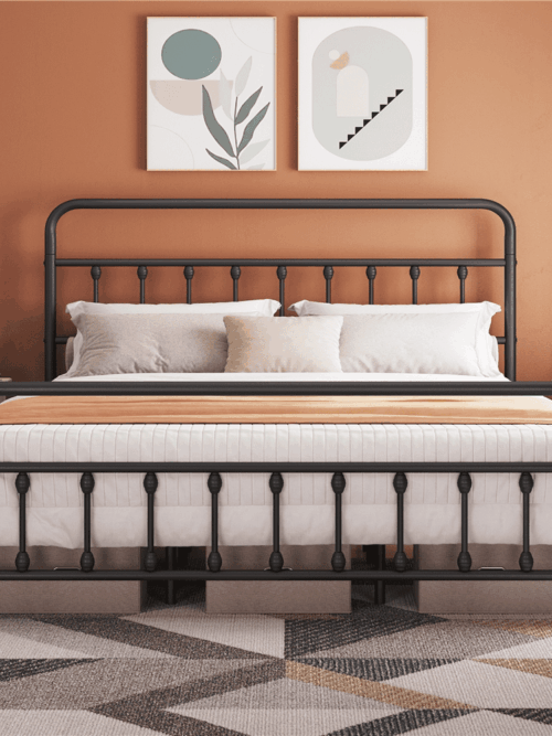 Alden Design King Size Metal Platform Bed Frame with High Headboard and Footboard, Adult, Black