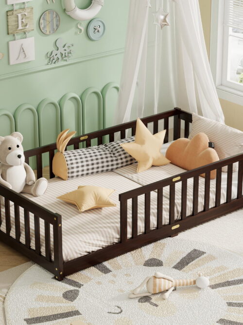 Alvantor Twin Size Montessori Floor Bed for Kids with Rails, Wood Toddler Bed Frame,Espresso
